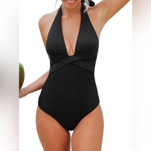 CUPSHE Women's One Piece Swimsuit Ribbed Deep V Neck Halter - Picture 1 of 9